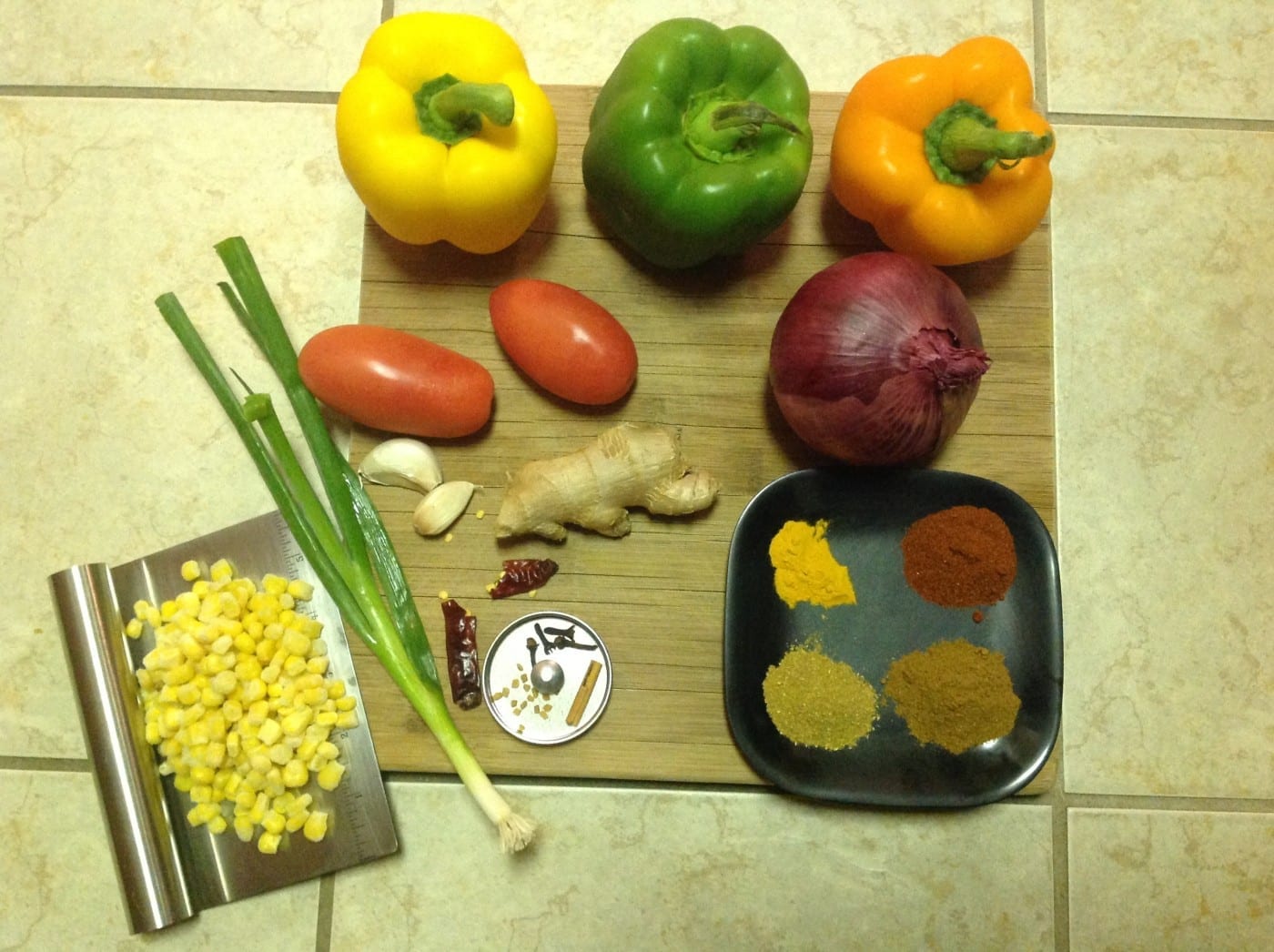 Overhead view of all the ingredients needed to make the bell pepper makhani