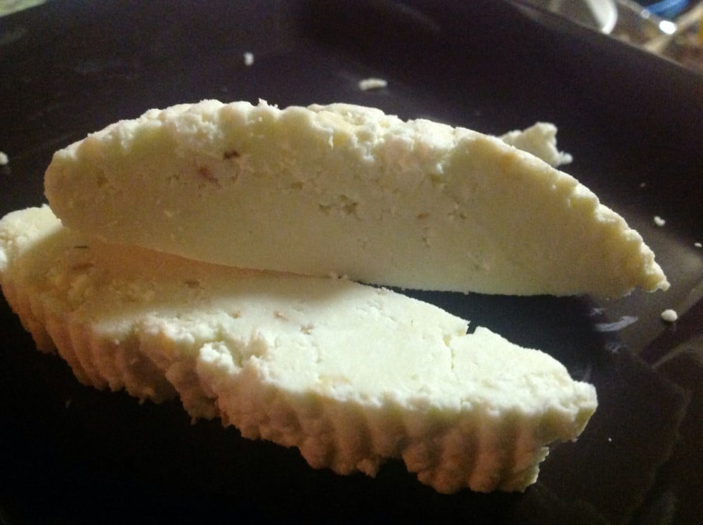 Front view of 2 biscotti-sized pieces of homemade paneer