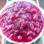 Overhead view of a white bowl with vegan cranberry sauce