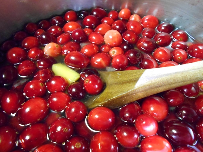 Cranberries and mangoes in water on top of the stove - Vegan Cranberry Sauce