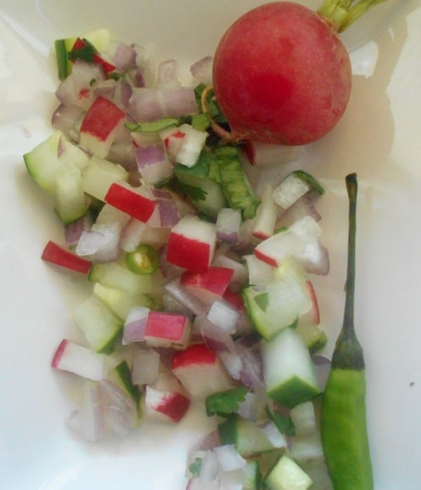 Top view of cucumber salad, with radishes, onions and thai chili on a white plate