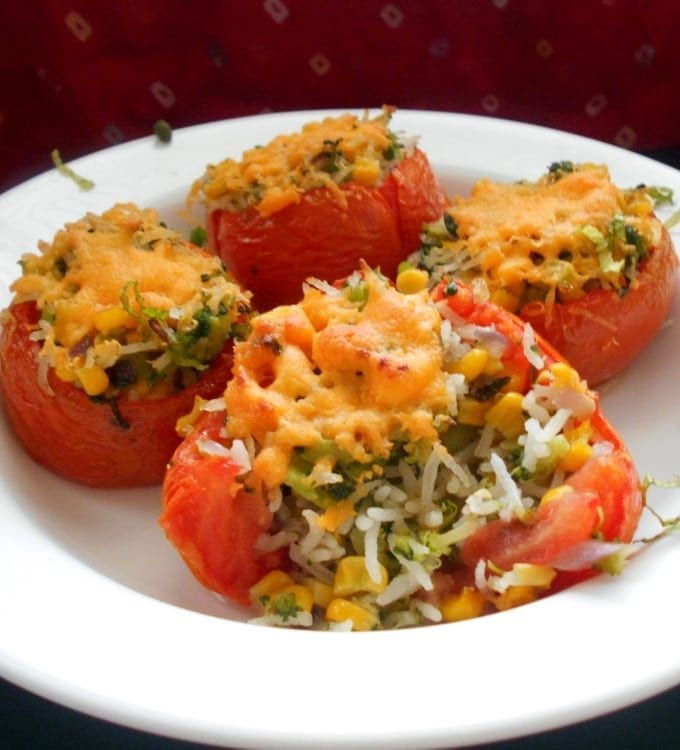 Stuffed Tomatoes - Stuffed with rice, corn and broccoli. Quick dinner time recipe for the whole family