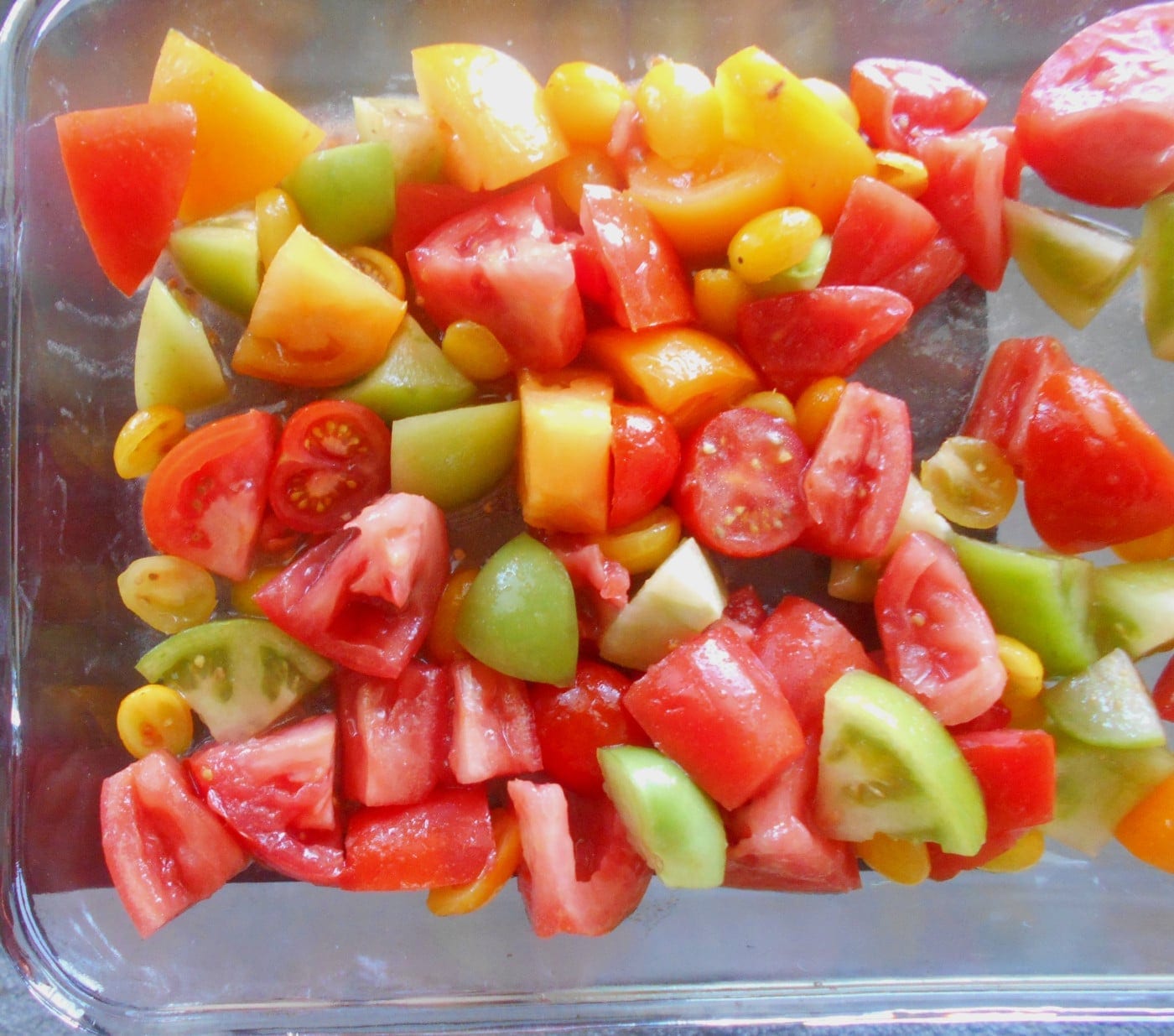 Overhead view of chopped tomatoes in a casserole dish - Marinara Sauce