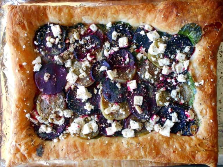Beet Tart With Tomatillo on a Puff Pastry