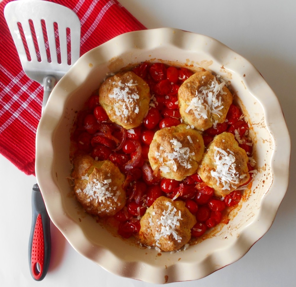 Top view of tomato cobbler in a pie dish