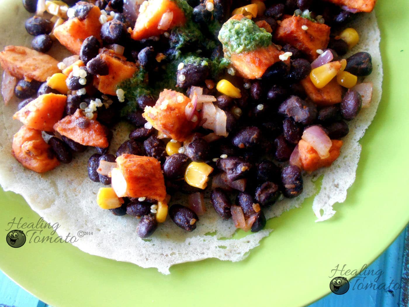Mexican Crepe Tacos that are vegan and gluten-free. Made with Sweet potatoes, black beans and coriander chutney
