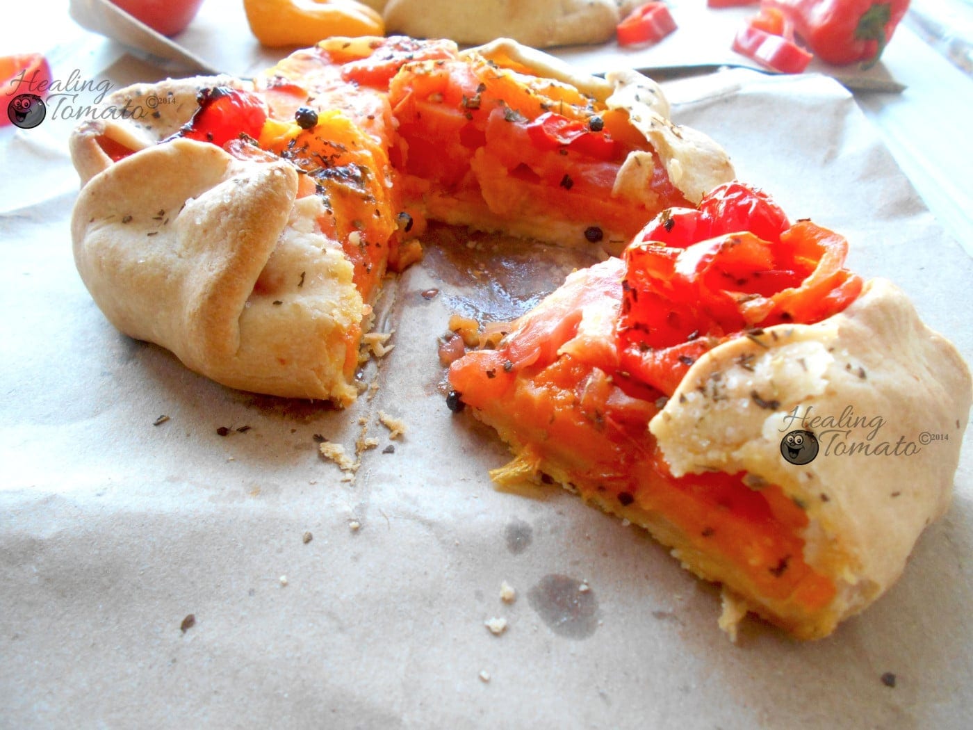 Front view of a slice of tomato galette