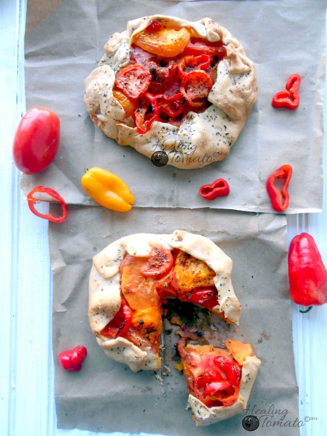 Top view of Tomato Galette on brown paper