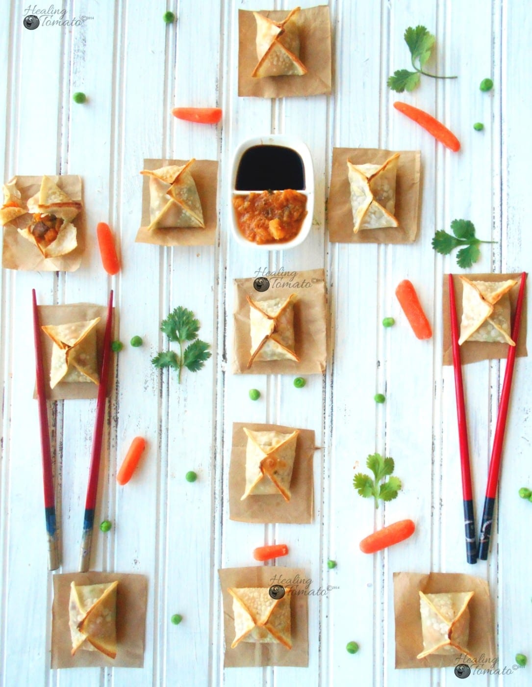 Overhead view of samosa wontons on a flat surface