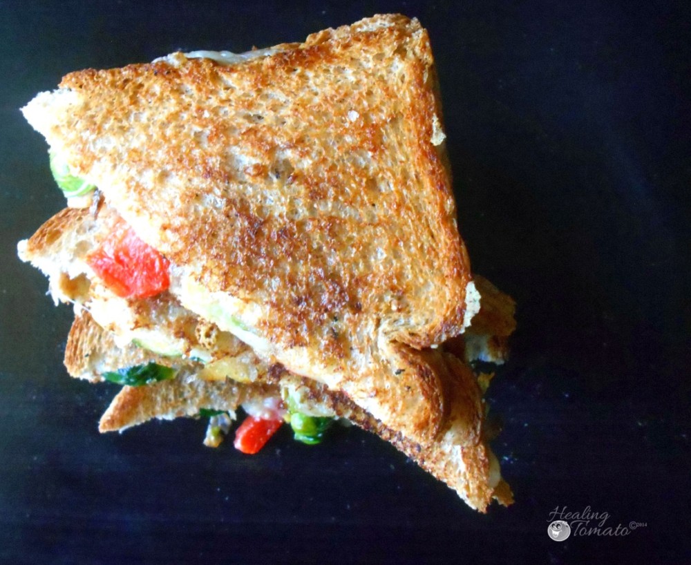 Top view of brussels sprout grilled cheese sandiwch