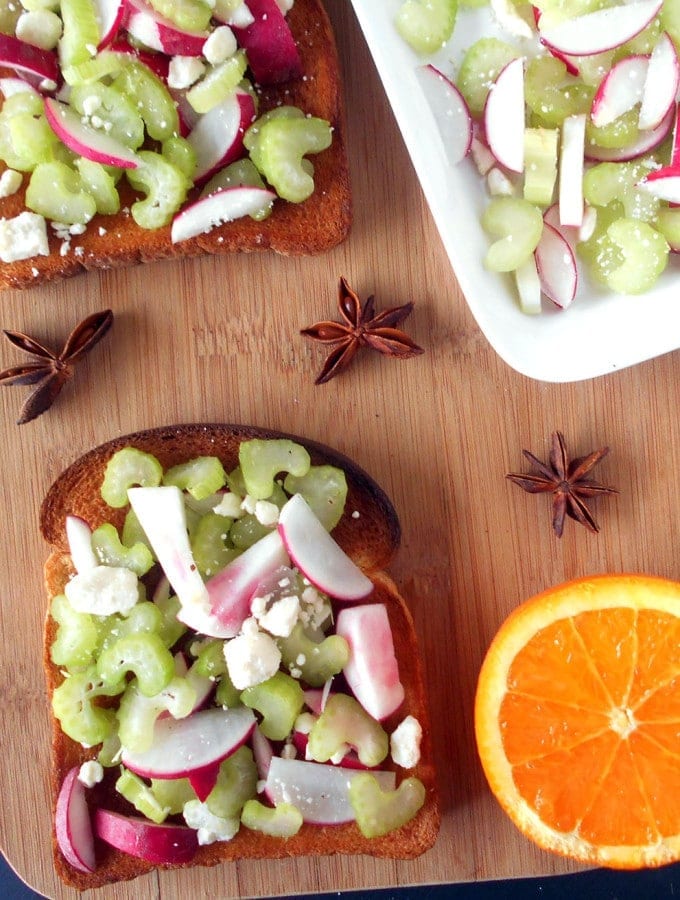 Celery Salad on Toast - Quick snack idea. Topped with orange and star anise dressing