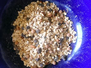 Overhead view of all the dry ingredients mixed in a bowl - Homemade Granola Bars