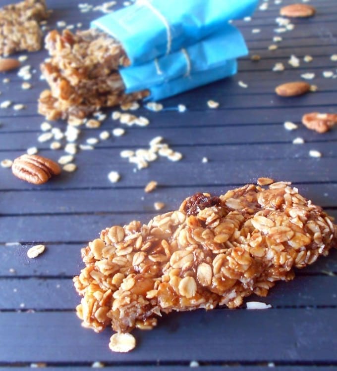 Homemade Granola Bars with Nuts, Rolled Oats, Raisins, Almonds, Caramel Bits, Flax Seed Meal and Chocolate Chips
