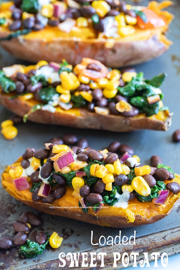 Front view of loaded sweet potato arranged diagonally. vegan thanksgiving menu