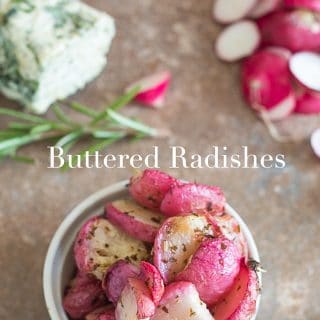 Overhead view of buttered radishes with rosemary on the side and vegan infused butter on the left