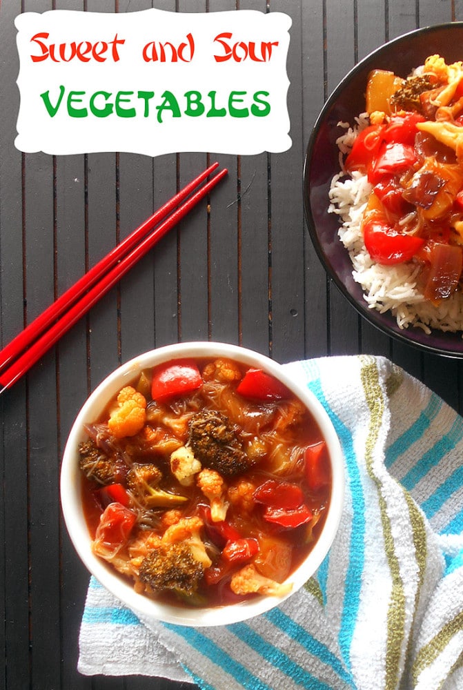 Sweet and Sour Vegetables made with Pineapple Juice, Cauliflower, Broccoli and Red Peppers. Simple dish that comes together in 30 minutes