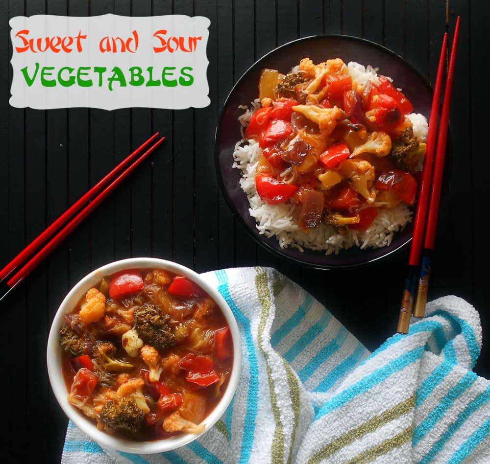 2 bowls of sweet and sour vegetables with chopsticks on the sides. One bowl has rice in it.