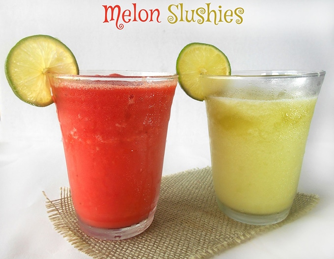 Front View of 2 Glasses Filled With Slusshies. One is Filled with Watermelon Slushie and the Other is filled with Honeydew Slushie. Make Slushies without a slushy machine