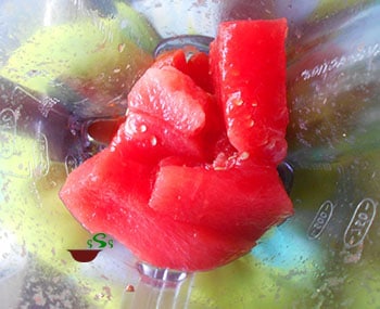 Overhead view of watermelon cubes in a blender