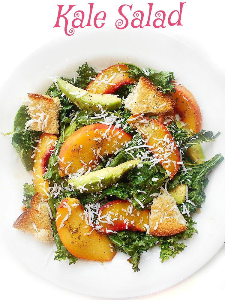 Kale Salad made with coconut and peaches. Perfect healthy meal and dinner idea. Quick salad for vegetarian and vegan