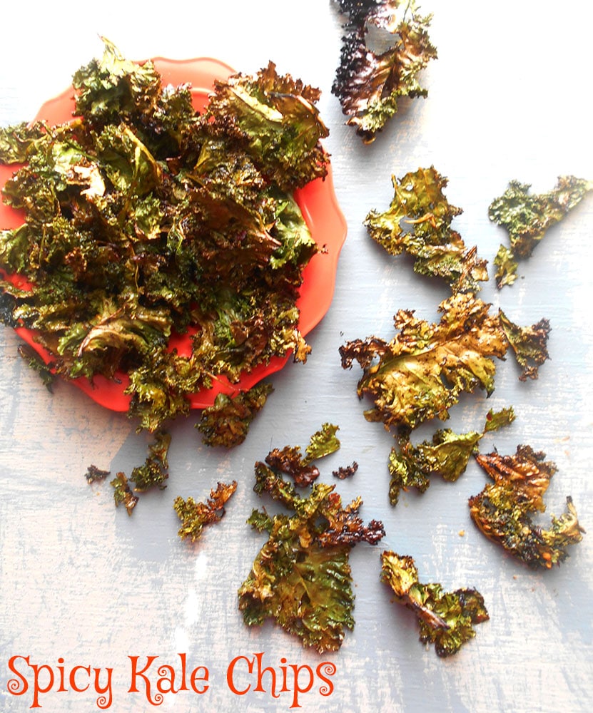 Spicy Kale Chips recipe made with Sriracha sauce. Quick snack idea that is also a healthy snack