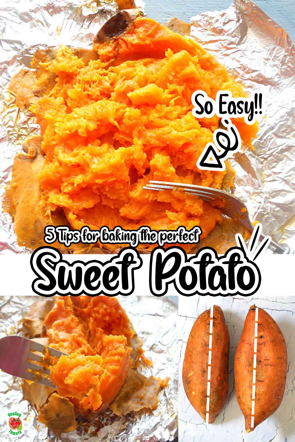 Top view of a collage of 3 images of baked sweet potato
