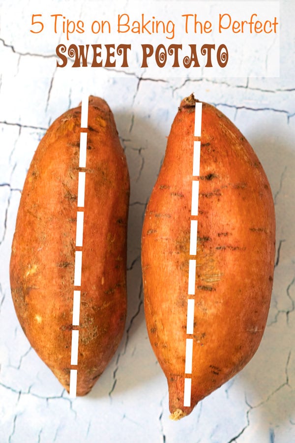 Two long sweet potatoes with a white dotted line - 5 Tips on Baking The Perfect Sweet Potato