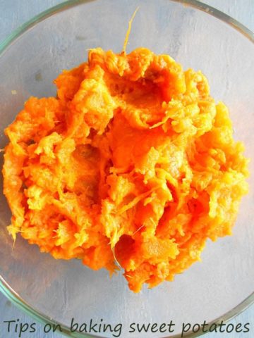 Baked Sweet Potato Pulp in a clear container- 5 Tips on Baking The Perfect Sweet Potato