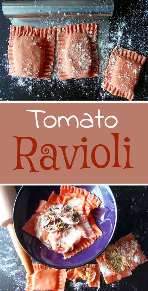 Tomato Ravioli made with Squash filling and served with a creamy mushroom sauce. Quick and simple vegetarian pasta recipe. Perfect dinner meal especially on Valentine's Day. Lo Carb Vegetarian dinner idea