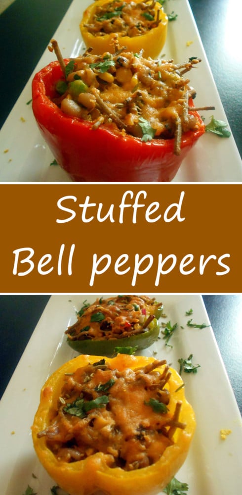 These Stuffed bell peppers are a hearty lunch idea. They are stuffed with soba noodles, corn and fennel seeds