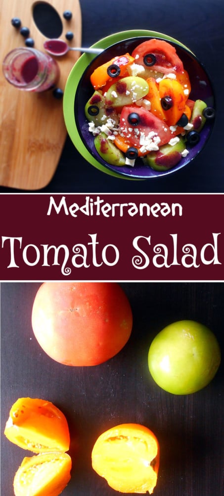 Mediterranean Tomato Salad - Usea variety of tomatoes, add olives, feta cheese and top it with a blueberry vinaigrette. Comes together in a few minutes. Quick and simple side salad
