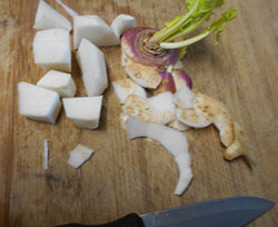 peeled and cubed turnip for easy sweet potato soup