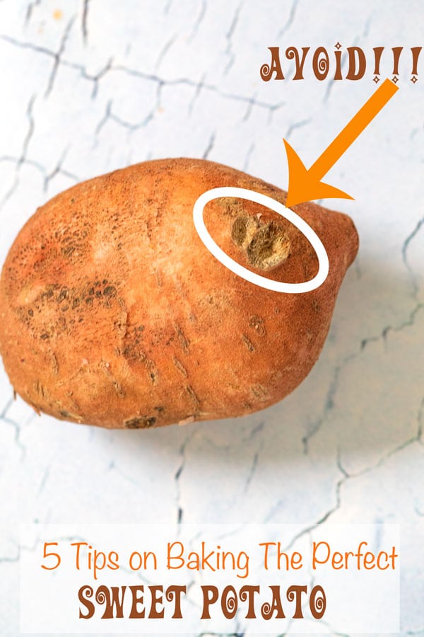 An arrow pointing to the bad part of a sweet potato - 5 Tips on Baking The Perfect Sweet Potato