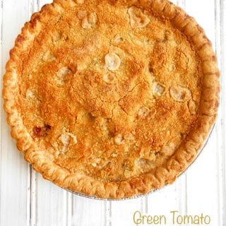 Overhead view of a green tomato crumble pie