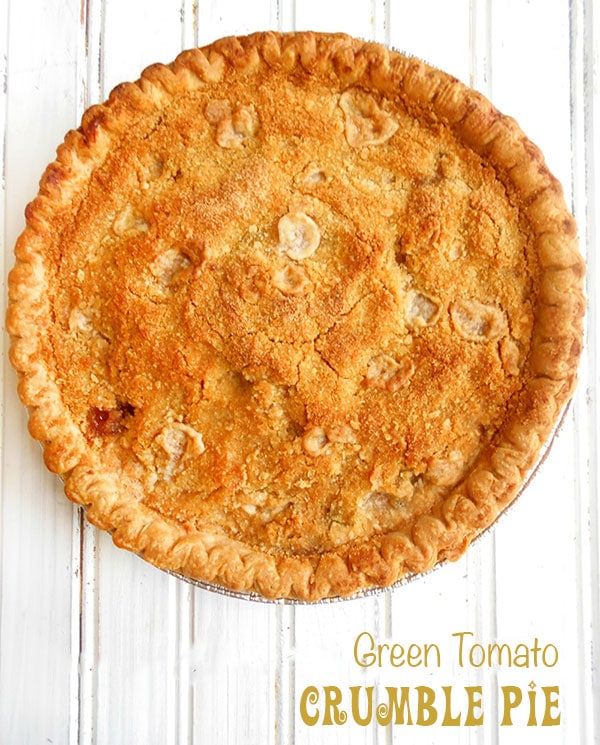 Overhead view of a green tomato crumble pie 