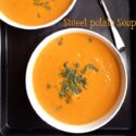Overhead view of 2 soup bowls filled with sweet potato soup - 5 hearty vegan soups