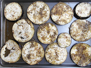 Overhead view of Eggplant chips arranged on a tray