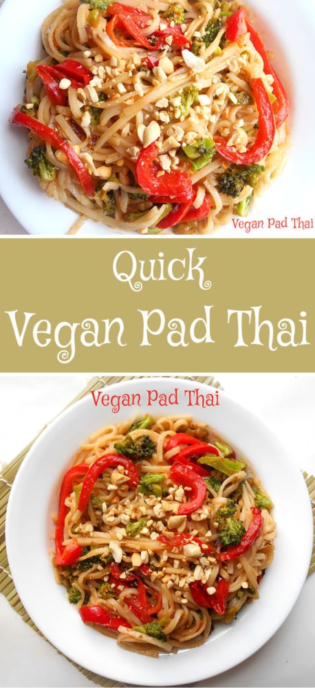 Quick and Easy Vegan Pad Thai Recipe made with quick ingredients. This healthy vegan pad Thai recipe takes less than 45 min to make. I like to make this on busy weeknights! #vegan #padthai #veganrecipes #thai #spicy #comfortfood #healthy #healthyrecipes #stirfry #noodles https://www.healingtomato.com/pad-thai-recipe/
