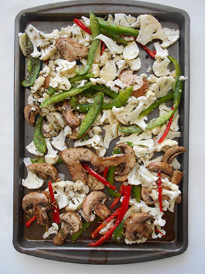 Baking tray filled with veggies