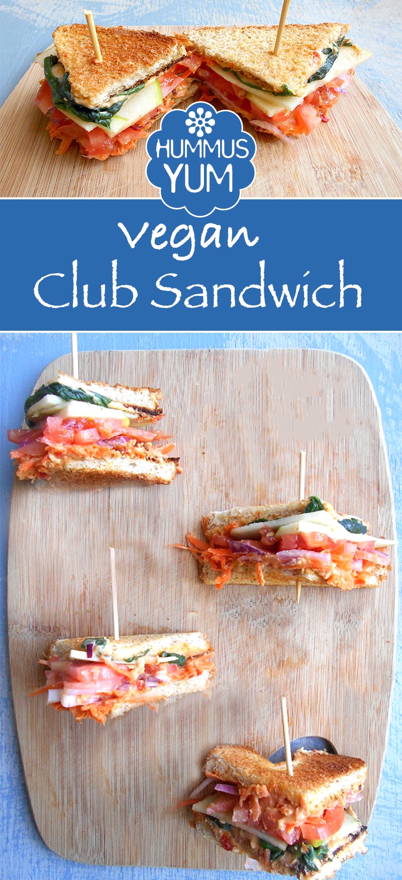 This simple Hummus Club Sandwich is an easy to make recipe that is perfect vegan lunch idea. Made with fresh veggies, apples and Hummus. Can be made in under 30 minutes