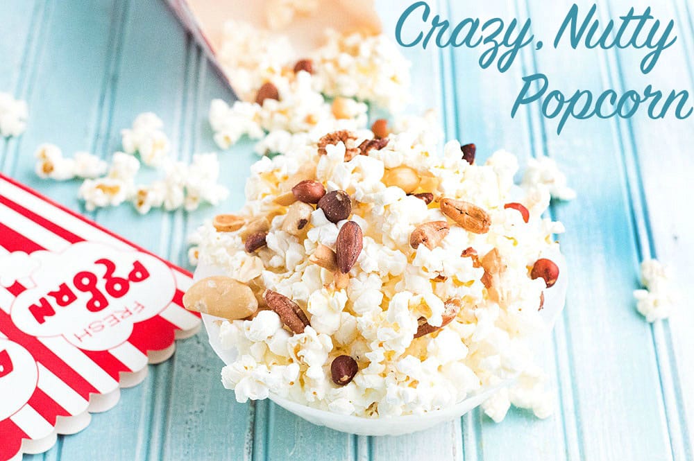 Front view of popcorn mixed with nuts - Crazy nutty popcorn