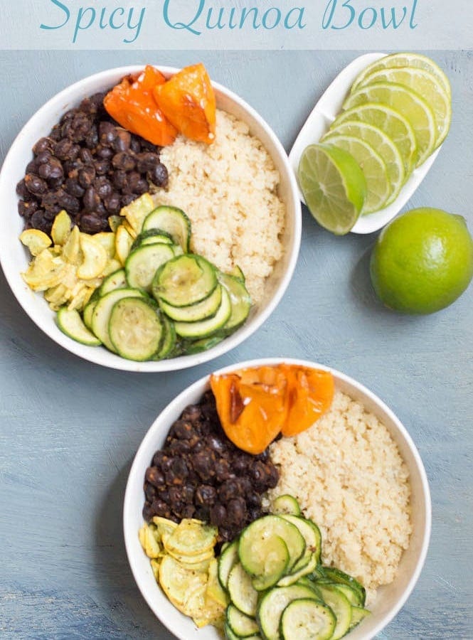 Made with fresh veggies and black beans, this spicy quinoa bowl is perfect dinner idea. Roasted habaneros add a little kick. A delicious vegan dinner idea