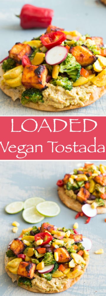 This LOADED vegan tostada is made with salsa marinated tofu, homemade Guacamole and topped with delicious veggies. This is a perfect vegan dinner idea for any weeknight.