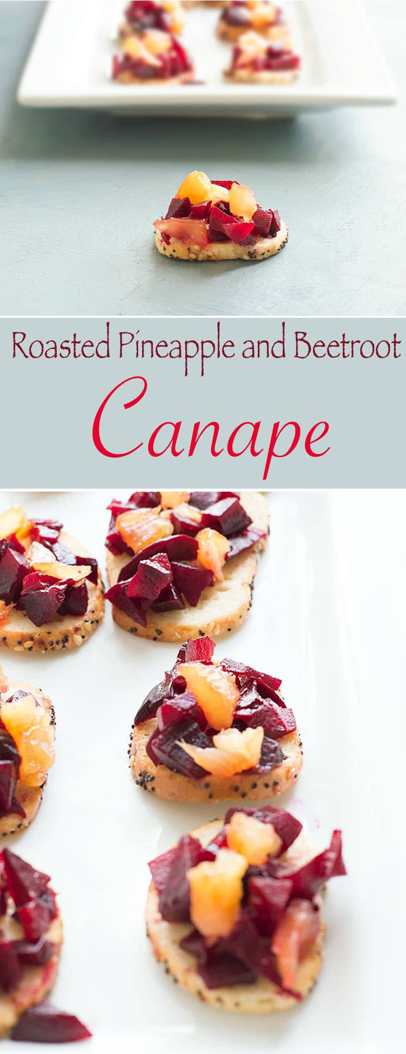 This beetroot canape with rum roasted pineapples is the perfect vegan appetizer recipe for any gathering. Bagel bites make for a very strong base for the toppings