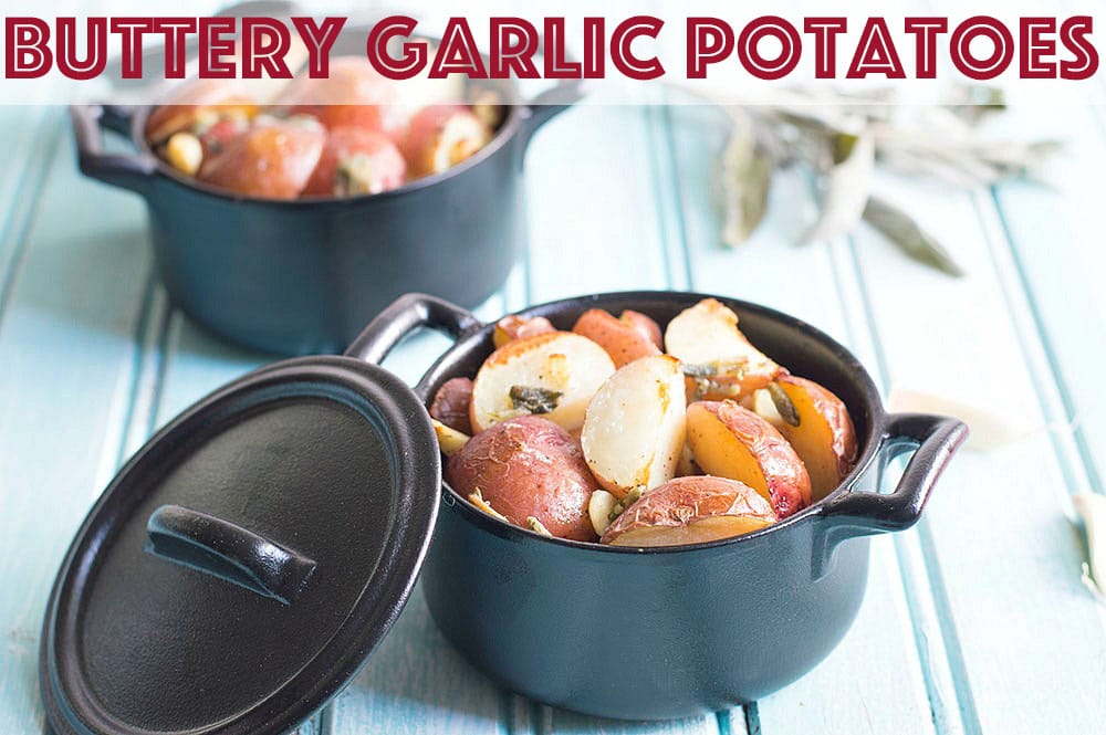 Front view of individual pan casserole dish filled with garlic butter potatoes