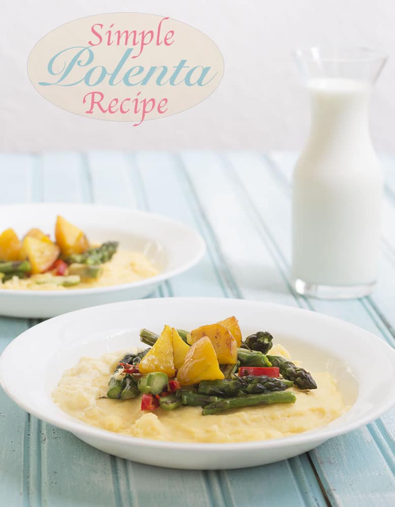 Front view of two white plates with polenta and veggie mixture