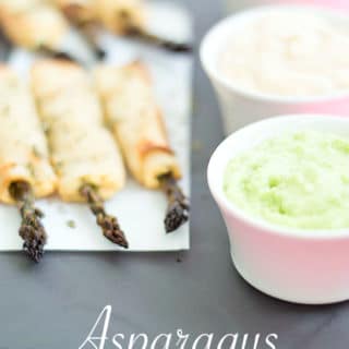 Asparagus Wonton Fries - easy to make + healthy baked. Spread Mango sriracha dip on the wontons, wrap it and roast. Simple, kid-friendly vegan snack