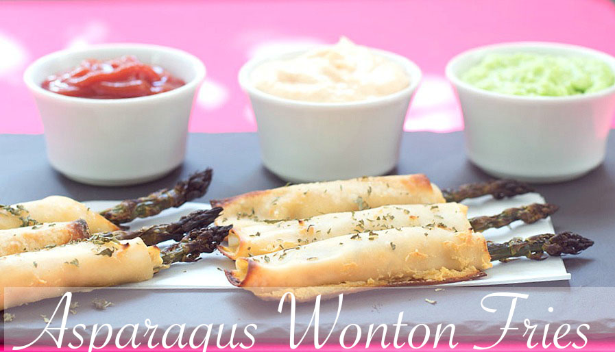 Front view of asparagus wonton fries with 3 sauces
