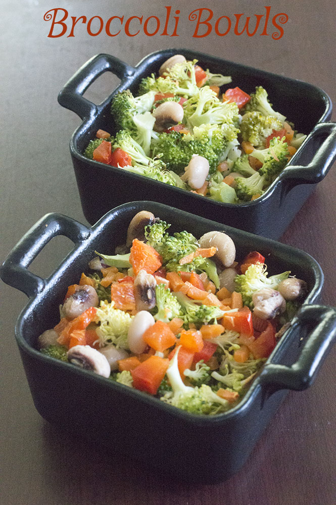 Broccoli, black eye peas, red bell pepper and carrots in black square ramekins - Vegan Tapas