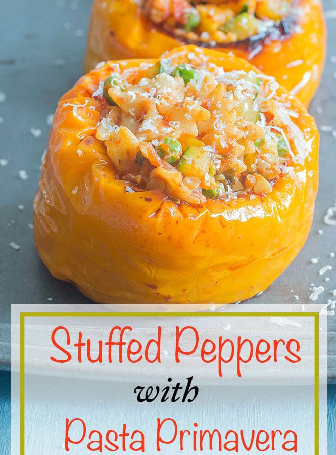 Stuffed Peppers - Peppers are delicately roasted and then stuffed with pasta primavera. Mini farfalle recipe with fresh veggies oven-roasted with garlic